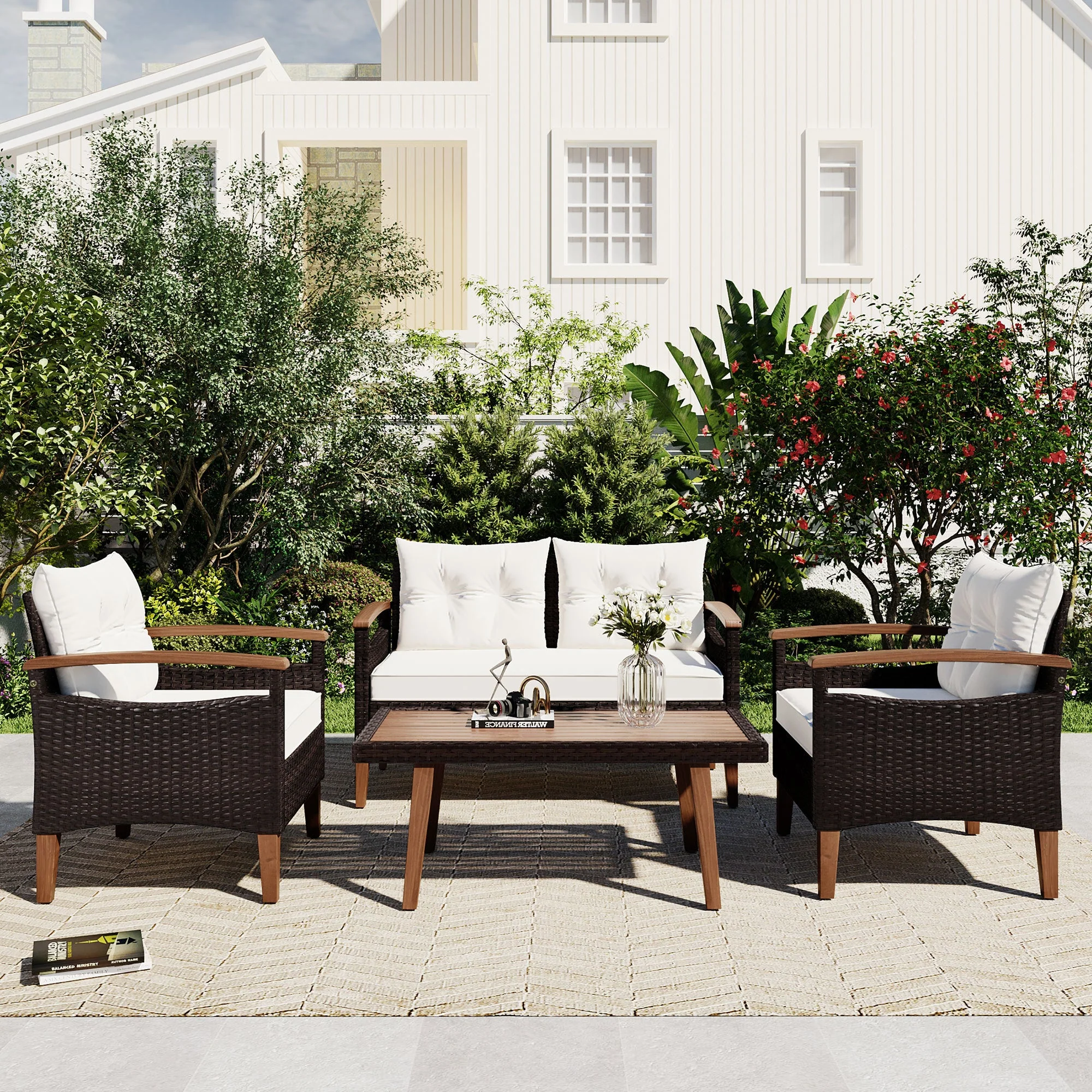 Walker Edison | 4-Piece Brown Rattan Outdoor Sofa Set with Table