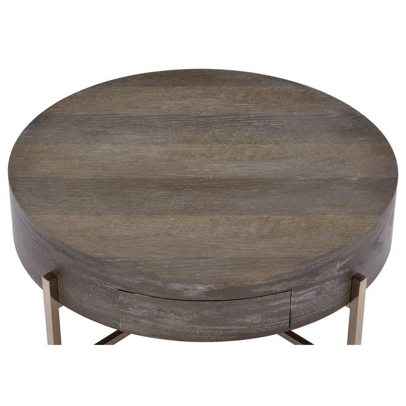 1 Drawer Round Modern Coffee Table with Crossed Metal Legs, Brown and Gold - 16 H x 32 W x 32 L Inches
