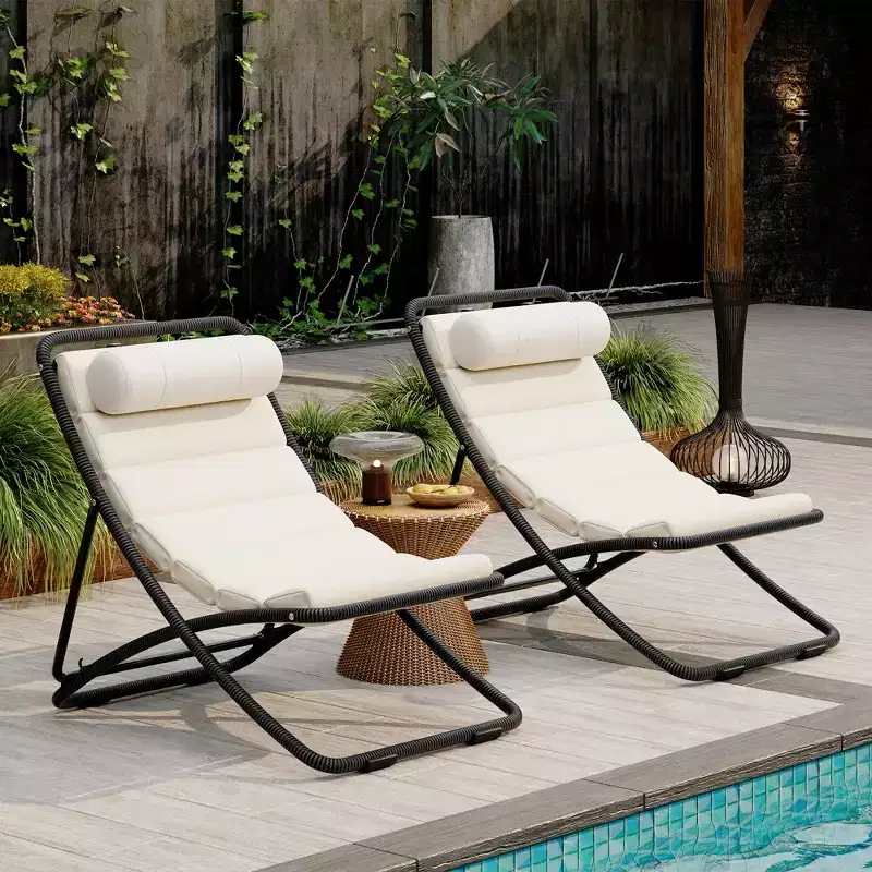 ModernLuxe 2pcs Outdoor Folding Chair Rattan-Wrapped Patio Lounge Chair, Sling Chair with Adjustable Backrest, Thick Cushion & Headrest