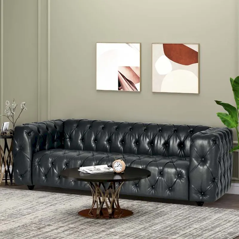 Black PU Leather Button-Tufted Sofa with Birch Wood Legs – 3-Seater