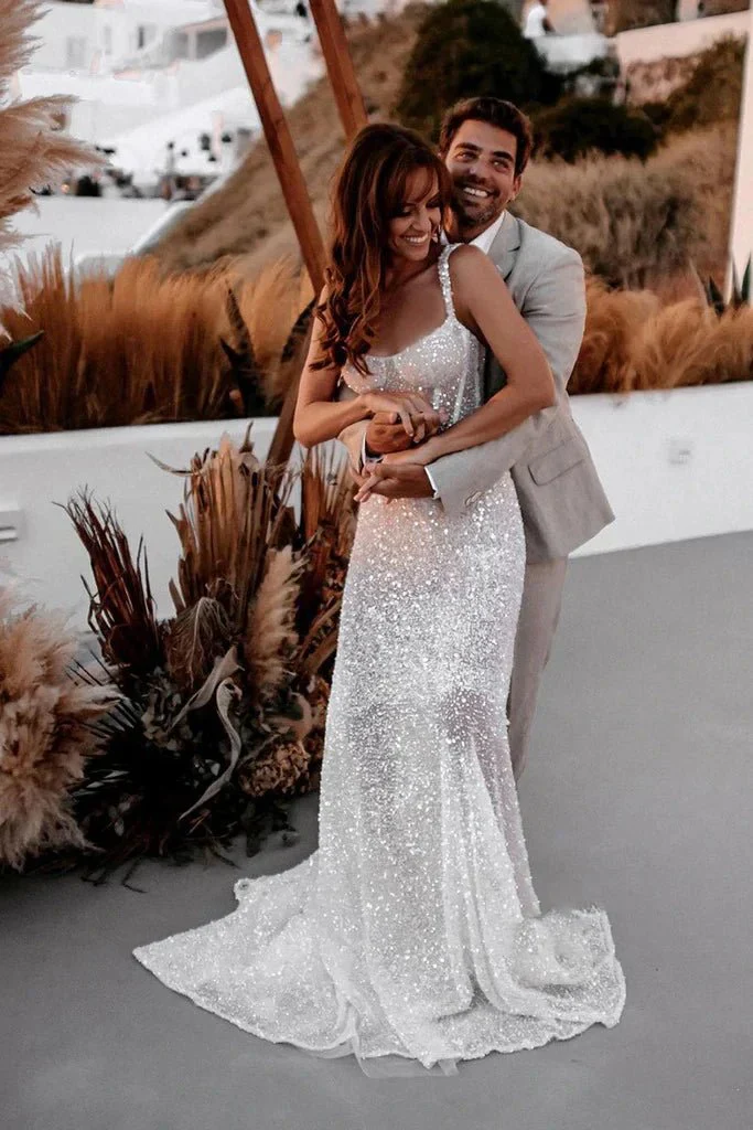 Sparkly A Line Sweetheart Sequins Wedding Dresses