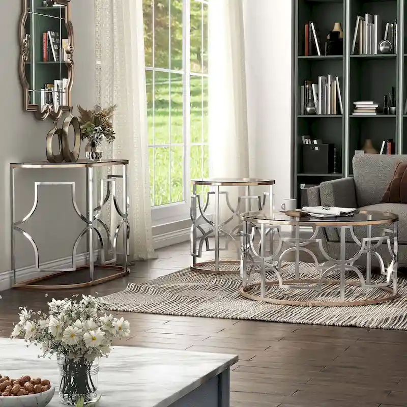 Ders Glam Chrome and Gold Plating Tempered Glass Top 3-Piece Coffee Table Set by Furniture of America