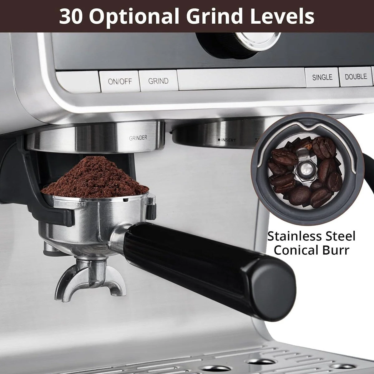 Espresso Coffee Maker, with Grinder, 2.8 L Water Tank