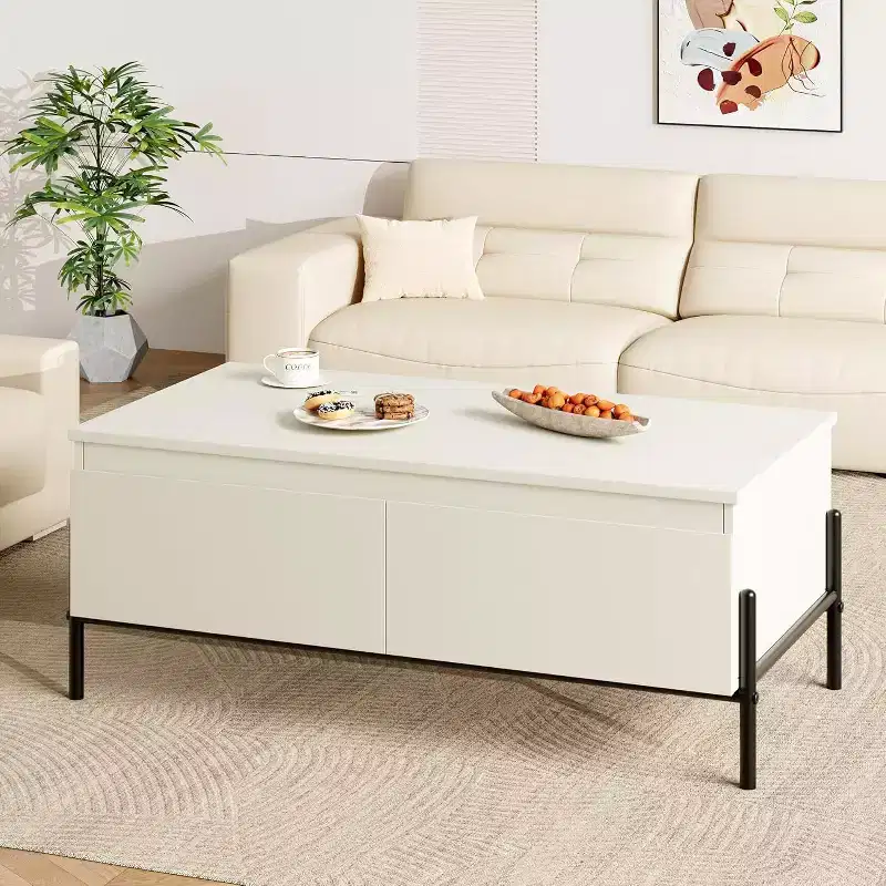 Acekool White Modern Coffee Table with 2 Handle-Free Drawers, Metal Legs & Open Back Shelf  Rectangle Center Table for Living Room, Easy Assembly