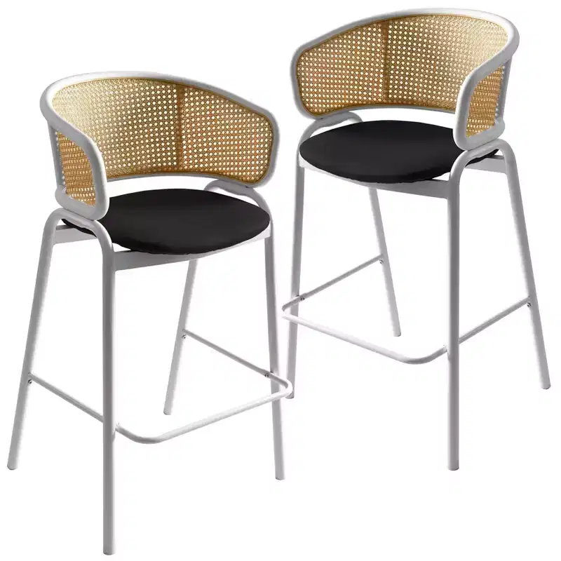 LeisureMod Ervilla Wicker Bar Stool with Fabric Seat and White Steel Frame, Set of 2 for Kitchen Island, Home Bar, Counter, Dining, Indoor Use