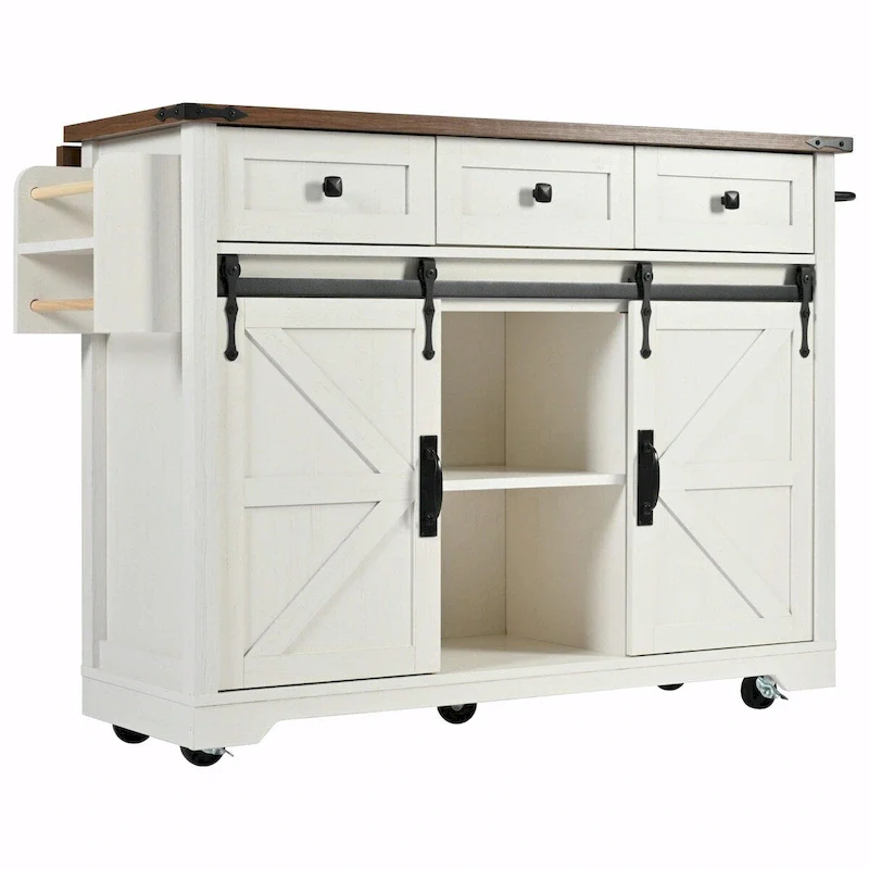 53.5 Farmhouse Kitchen Island with Power Outlet, Drop Leaf, Spice Rack, Drawer, and Wheels