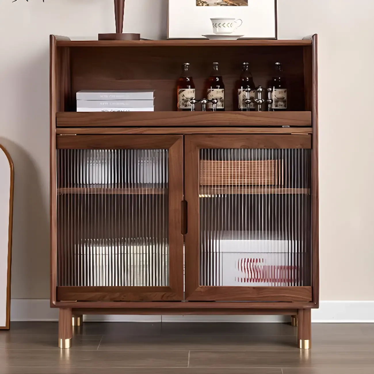 Modern Brown Wood Glass Door Adjustable Shelf Storage Cabinet