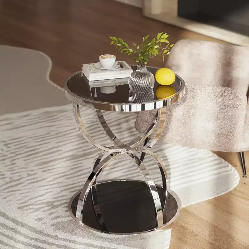 GDFStudio Leda 19.69'' Modern Glass Side Table with 2 Tiers, Ring-Shaped Frames