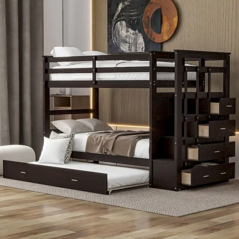 Twin Over Twin Bunk Bed with Trundle & Staircase, Espresso/White/Gray, Sleeps 2