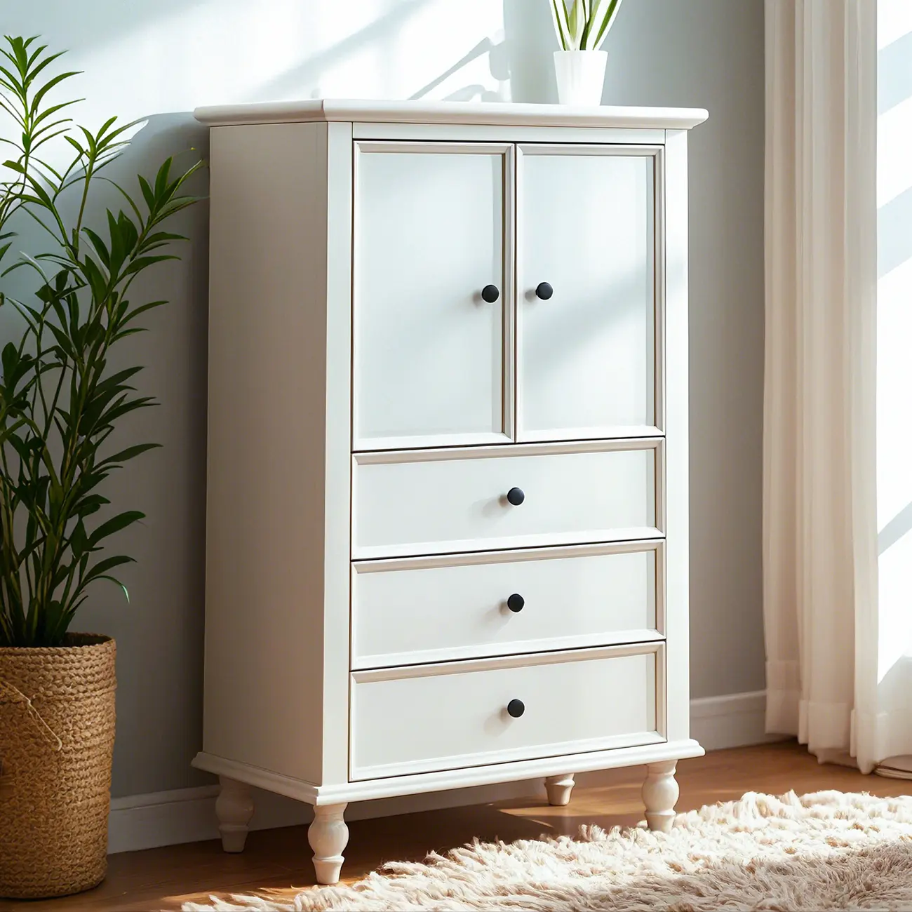 Glam Vertical White Wooden Dresser with Cabinet