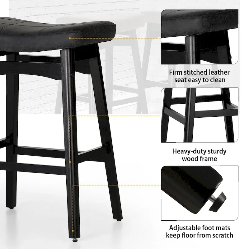 24 Inch Solid Wood Barstools with Linen / PU Leather Fabric Cushion, Set of 2