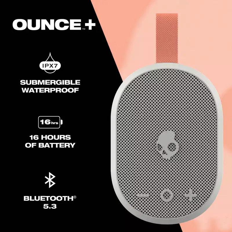 Skullcandy Ounce+ Wireless Bluetooth Speaker - IPX7 Waterproof with 16 Hour Battery, True Wireless Stereo, and Nylon Carry Strap, Bone