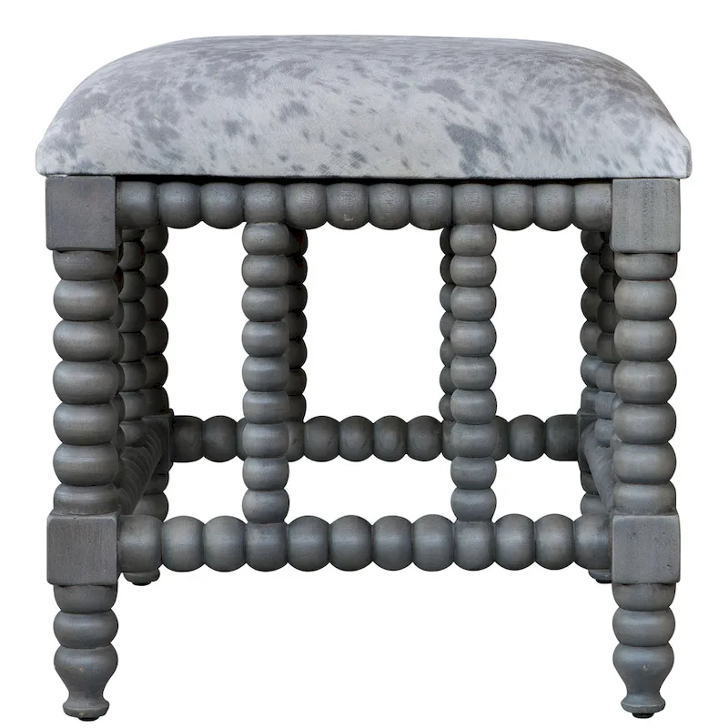 Light Grey Faux Cowhide Upholstered Accent Bench with Wood Base