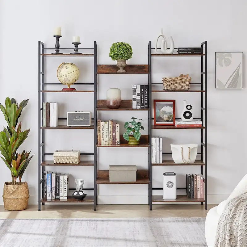 Triple Wide 5-shelf Bookshelves Industrial Retro Wooden Style Home and Office Large Open Bookshelves