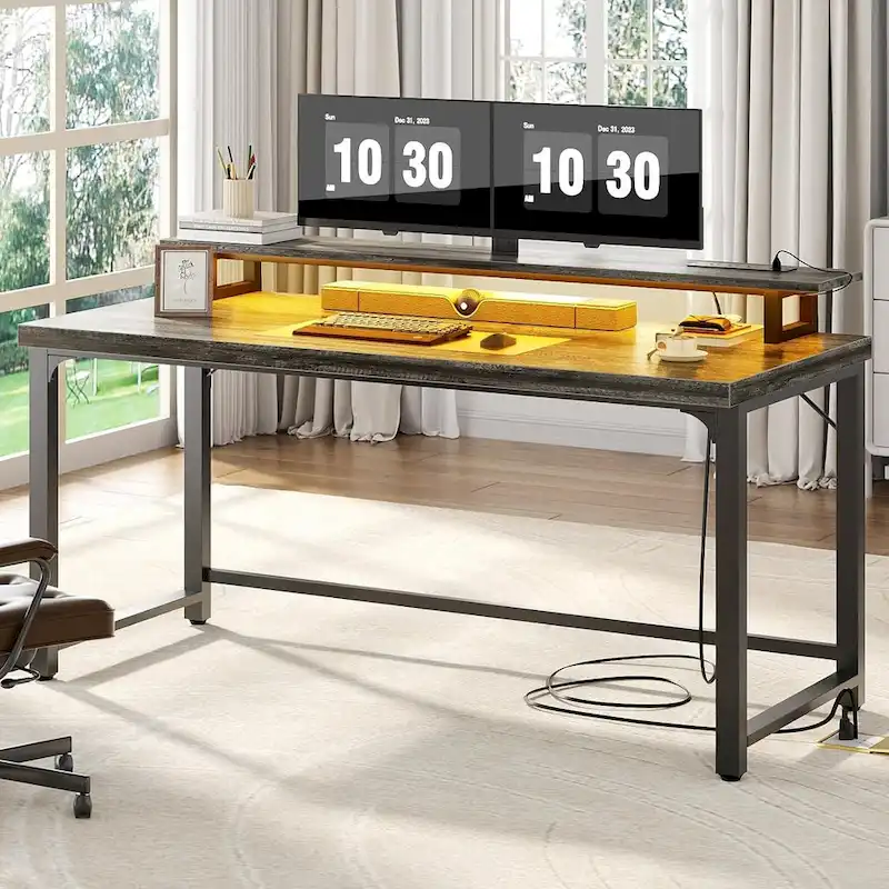 55 Inch Computer Desk with Socket and LED Light,Home Office Desk with 1.5 inch Thickened desktop,Writing Study Gaming Table