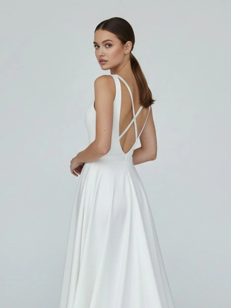 A-Line White Satin Elegant V Neck Wedding Dress