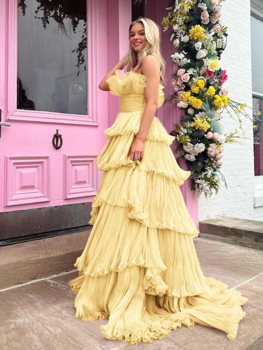 Strapless A-Line Tiered Crinkled Tulle Prom Dress