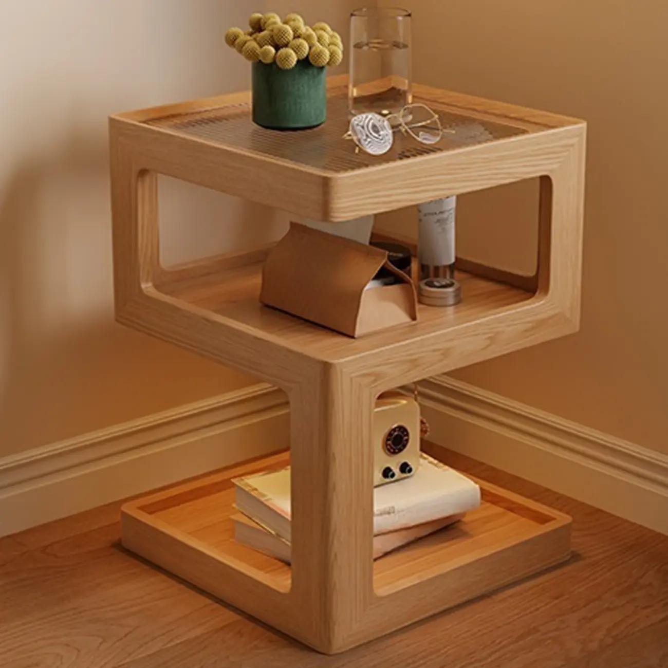 Narrow Wood and Glass Nut-Brown Shelves Nightstand with Light