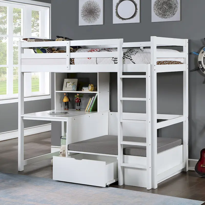 Solid Wood Twin Size Loft Bed with Workstation and Hidden Storage