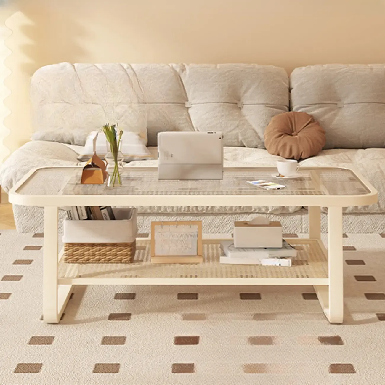 Modern White Rectangle Glass Coffee Table with Shelf