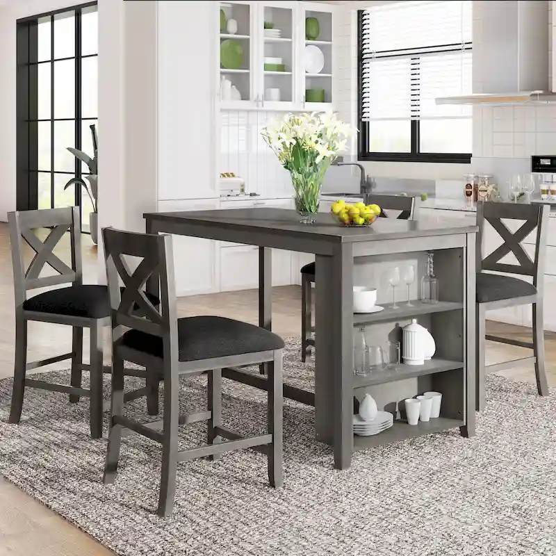 5-Piece Rustic Dining Set with Wooden Bar Table & 4 Chairs