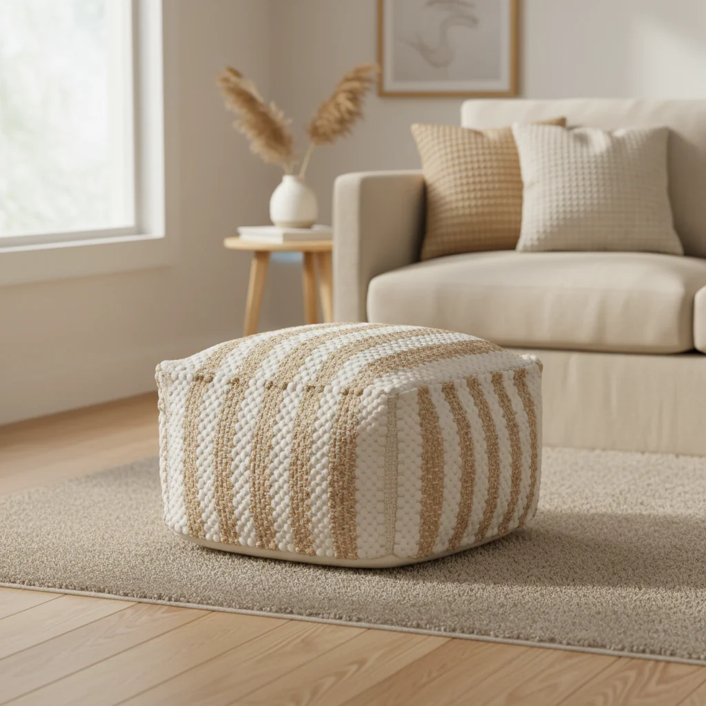 Striped Square Jute/Cotton Pouf (20 x 20 x 12)