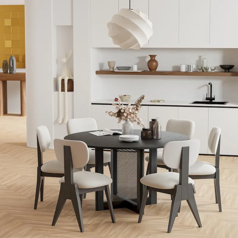 Black / Wood Round Solid Wood Dining Table, Rattan Legs, Seats 6