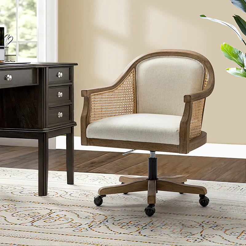 Rattan Barrel Back Task Chair with Polyester-Linen Seat, Adjustable Height & Swivel Base | Ivory / Blue / Linen | Single Seat