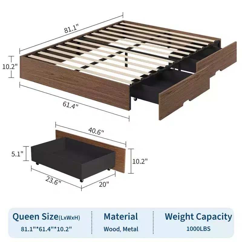 Queen Size Wood Platform Bed Frame with 2 Storage Drawers, Mattress Foundation Slat Support Without Headboard, No Box Spring Needed, Easy Setup