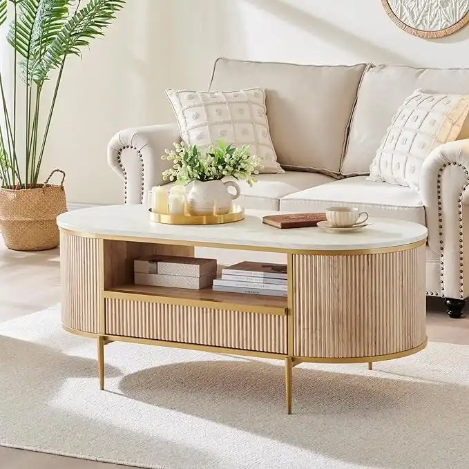 Fluted Panel Coffee Table with Drawer & Open Cubby – Natural Oak / Solid White / Navy Blue, Single