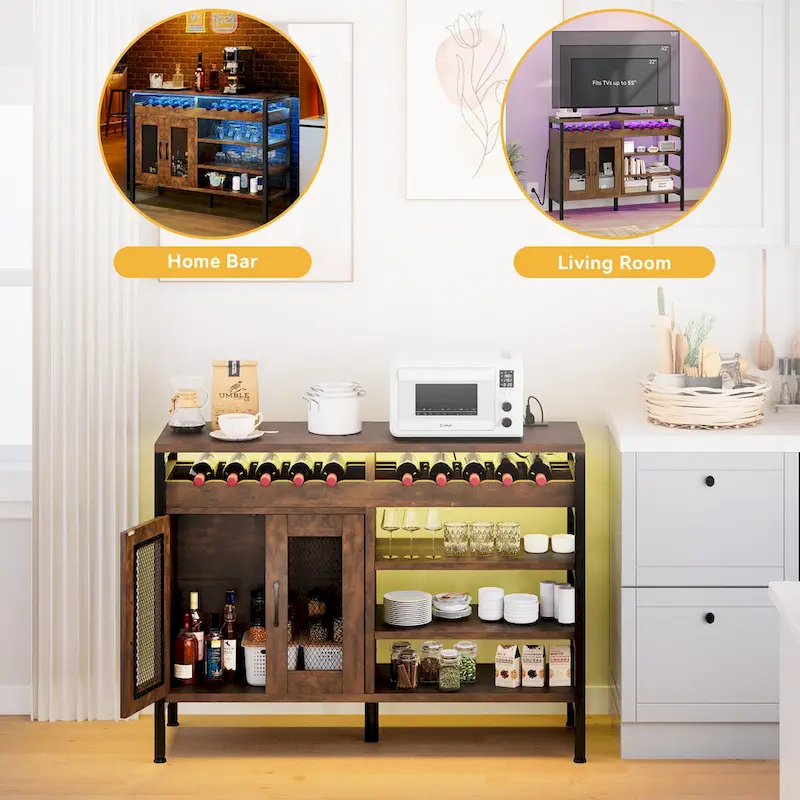 Moasis 47 Wine Bar Cabinet with Power Outlets and LED Lights Industrial Coffee Bar Cabinets - 47.2L x 15.7W x 33.4H