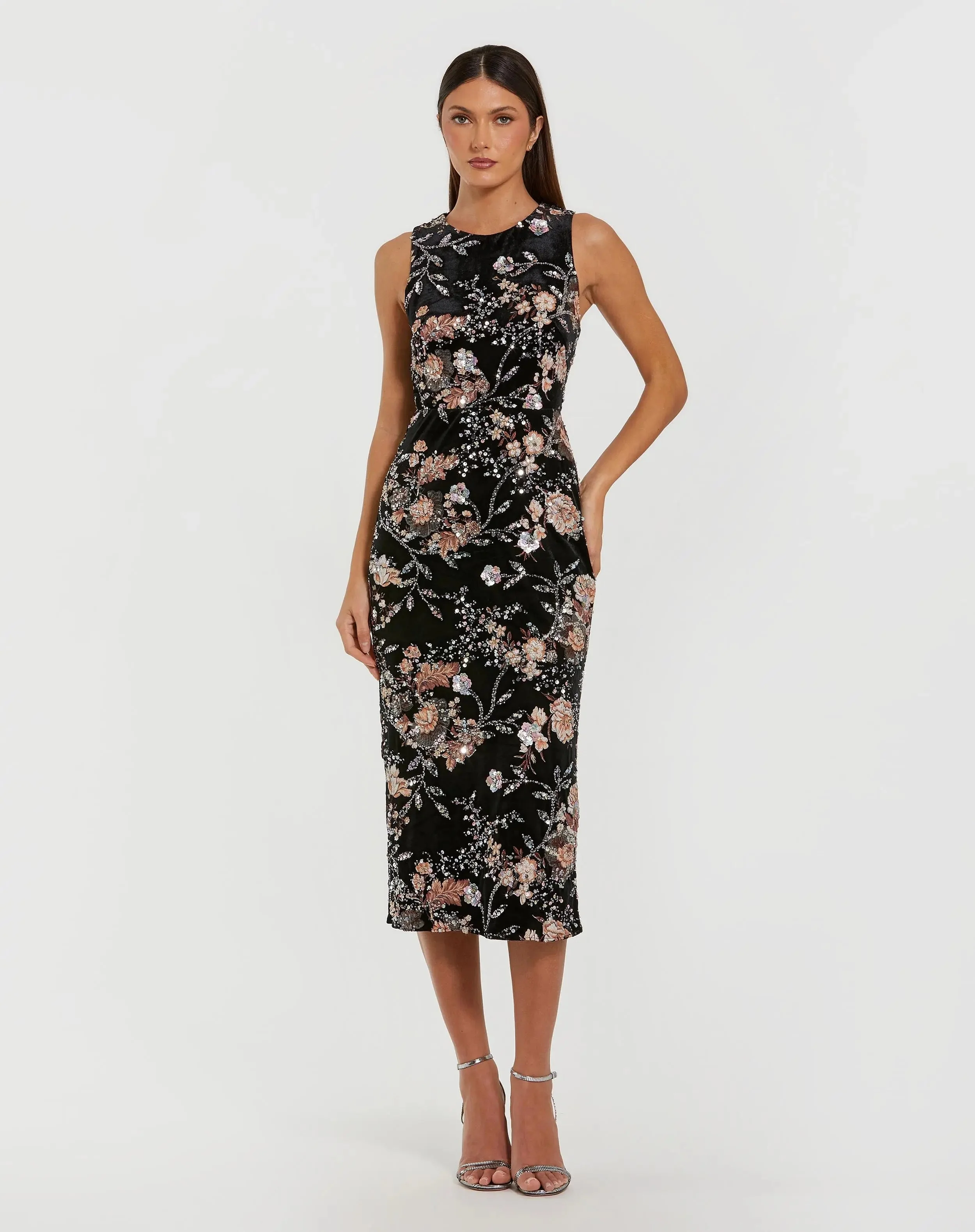 Black Velvet High Neck Sequined Midi Dress with Multicolor Embroidery