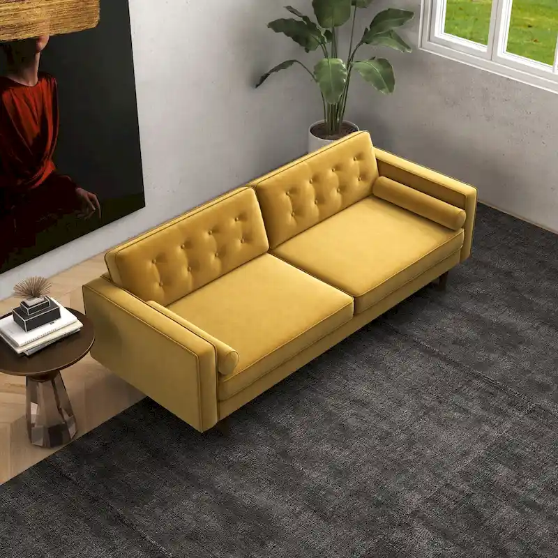 Gold Velvet Tufted Sofa, Mid-Century Modern Style, 2-Seater