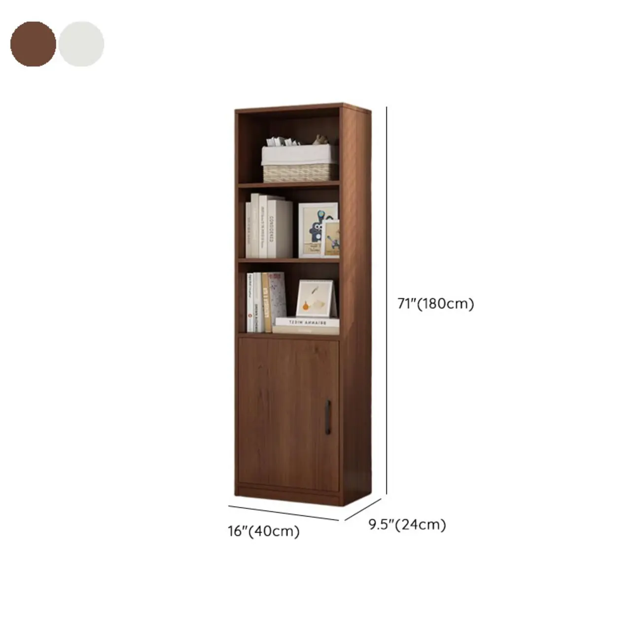 Narrow Modern Nut-Brown Wooden 3-Shelf Bookcase with Cabinet