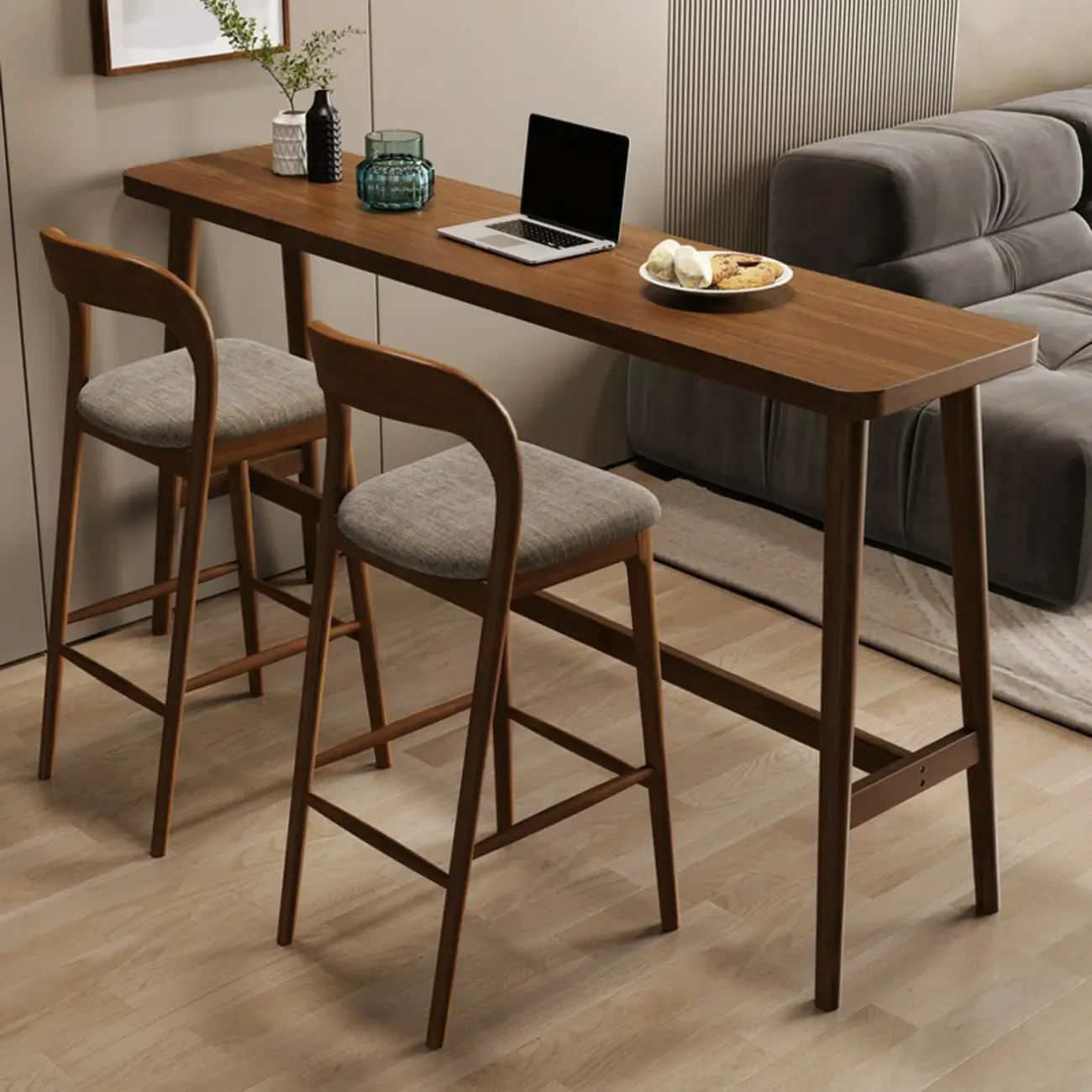 Nordic Wooden Norraw Bar Table with Footrest for Living Room