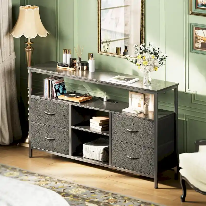 Black PU Finish TV Stand with LED Lights, 4 Fabric Drawers & Power Outlets, Fits up to 65 Inch TV, 1-Person