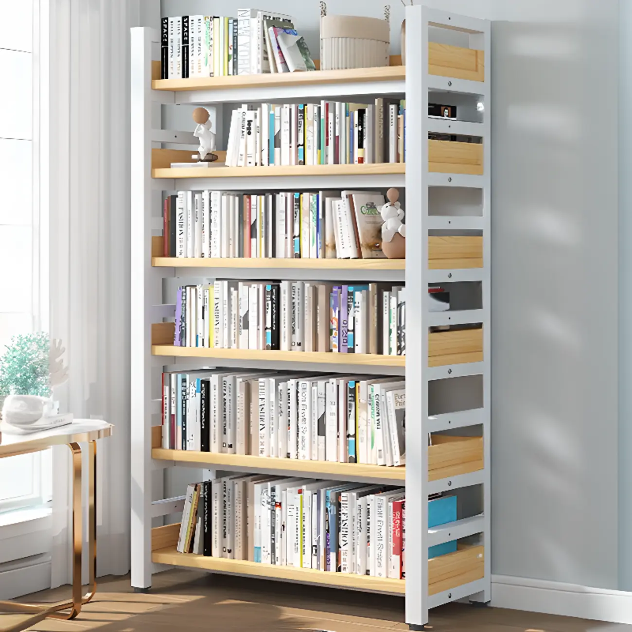 Freestanding Simple Multi-Layer Wood Bookshelf in Steel Frame