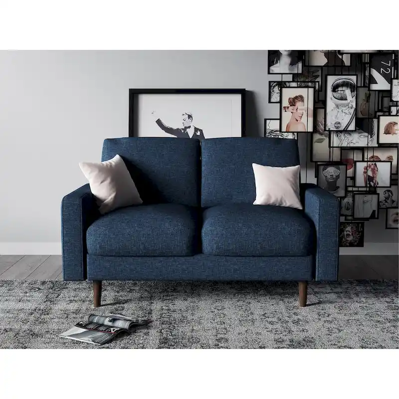 Blue Velvet Mid-Century Loveseat with Wood Frame and Pillow Back – 2 Person