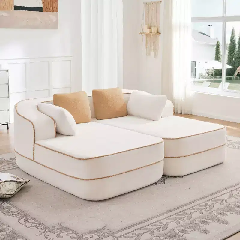 77.2 Teddy Fabric No Assembly 32D High Density sponge Boneless Sofa,Fluffy Comfy Couch with double Chaises,Sleeper sofa for Living Room,White