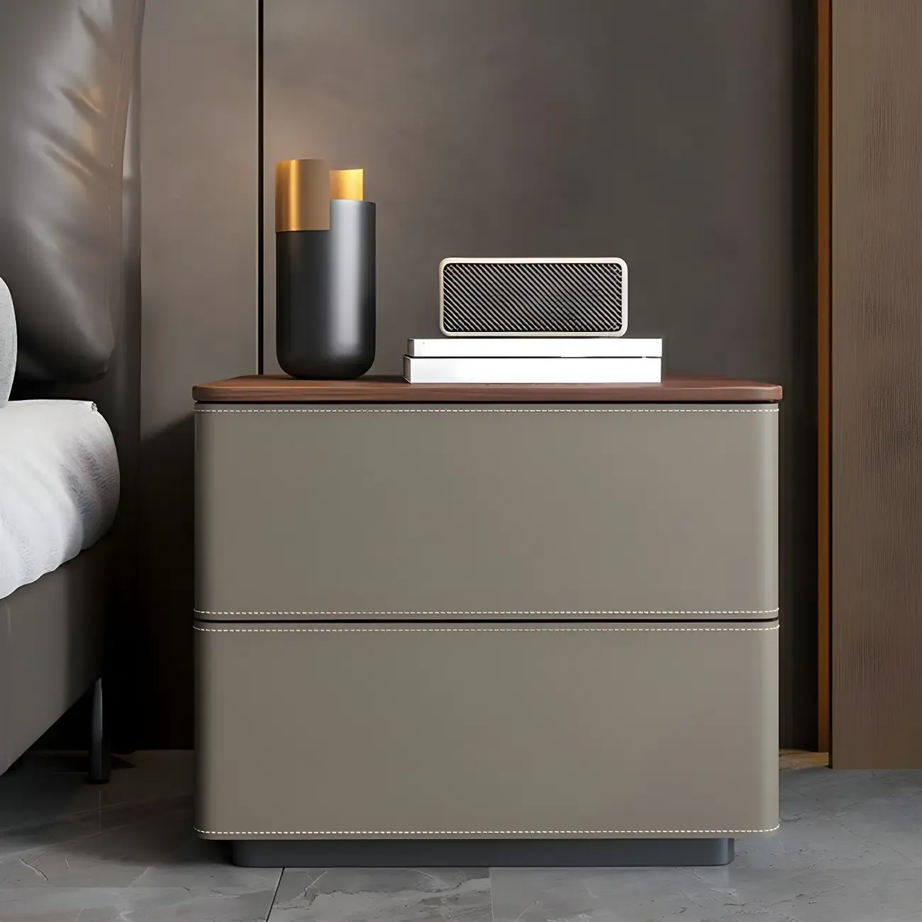 Modern Faux Leather Wood Top Drawers Nightstand