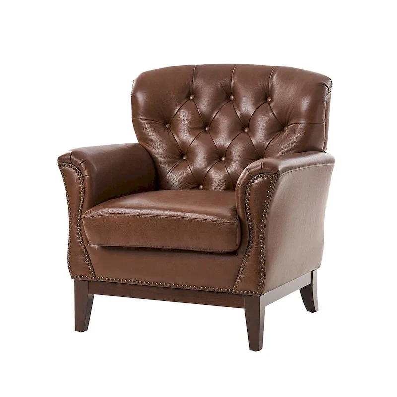 Genuine Leather Tufted Wingback Accent Chair with Nailhead Trim