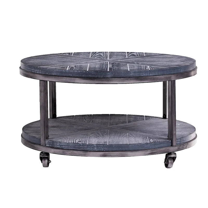 Industrial style round wooden coffee table with shelves