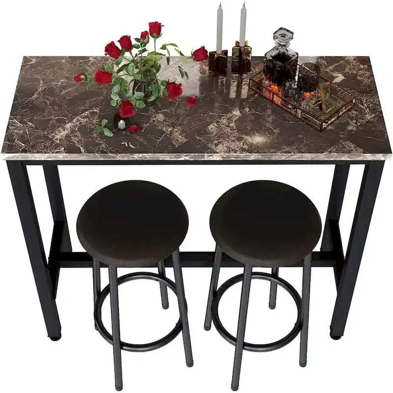 3 Piece Kitchen Pub Dining Set, Modern Faux Marble Counter Height Bistro Bar Table Set with 2 PU Leather Bar Stools