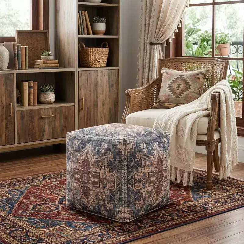 HomeRoots 18 Navy Blue and Terra Cotta Upholstered Medallion Pouf Ottoman