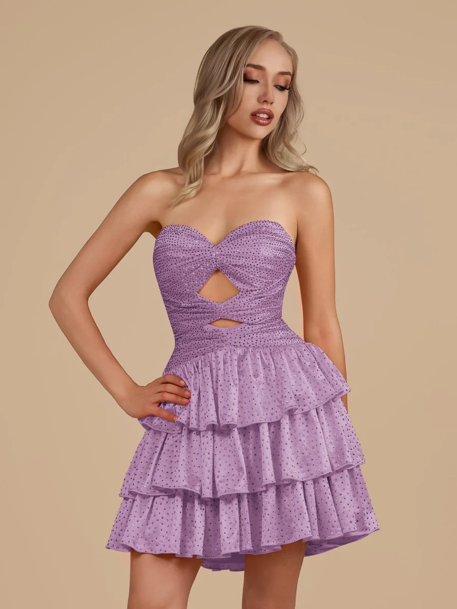 Lilac - A Line Sweetheart Satin Cut Out Ruffled Homecoming & Cocktail Dresses with Beads