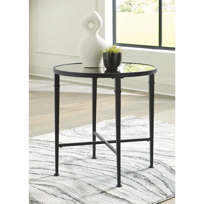 Black Round Accent Table with Mirrored Top - 26W x 26D x 26H