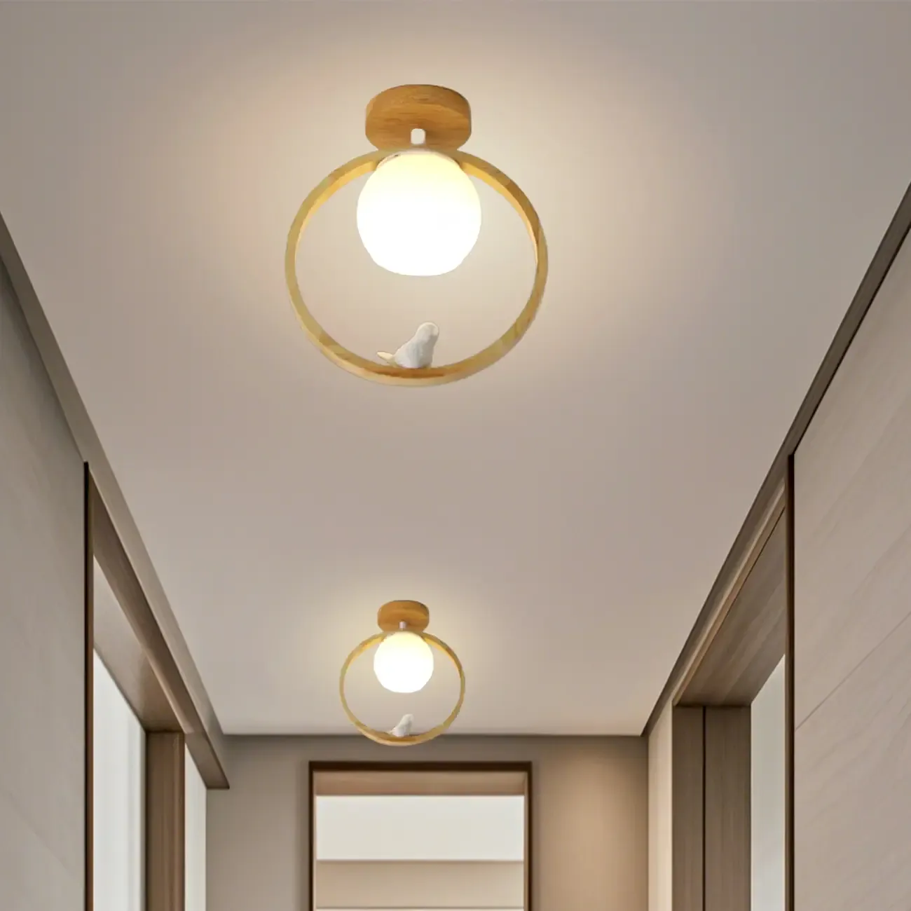 Natural Rubber Wood Cube Shade Semi Flush Ceiling Light
