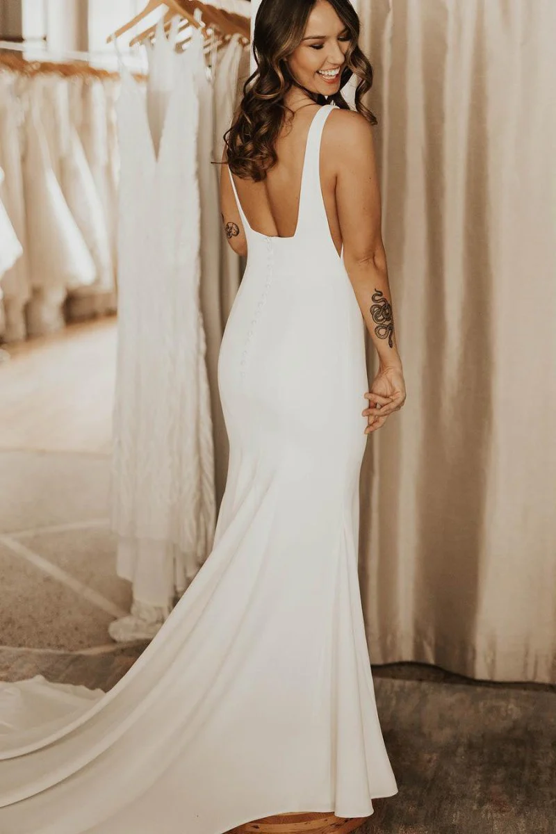 Long Square Neck Mermaid White Wedding Dress