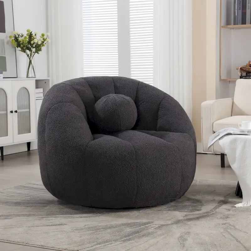 HOMEFUN Boucle Upholstered Round Lazy Cozy Bean Bag Chair With a Pillow
