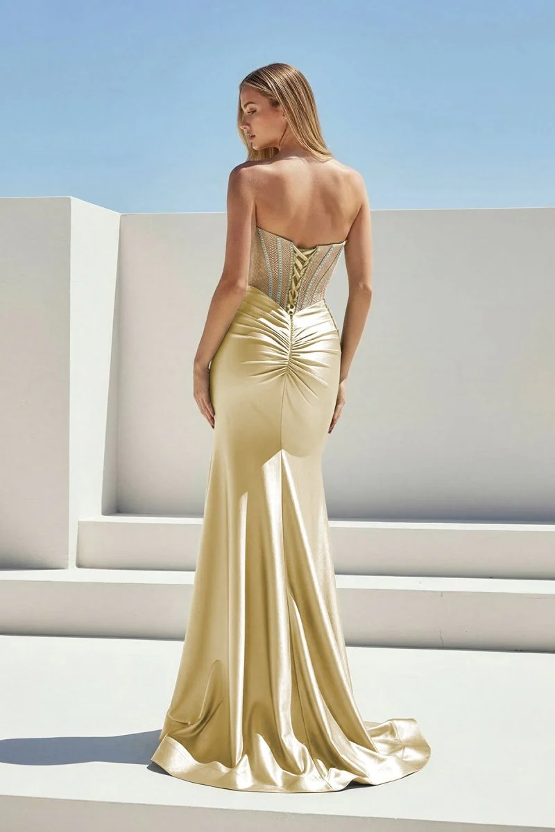 Sage Strapless Mermaid Satin Beaded Long Prom Dresses With Slit